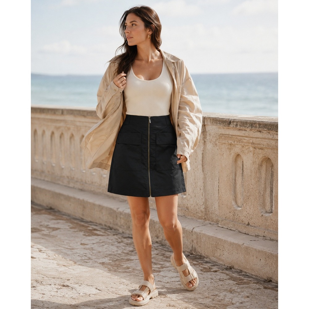 Apostrophe Full Zip Utility Cotton Blend Skirt Black Size 10 Gorpcore Cargo